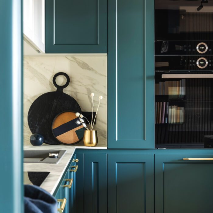 Luxury modern and vintage turquoise and white kitchen.  Marble wall. Built in kitchen. Template.