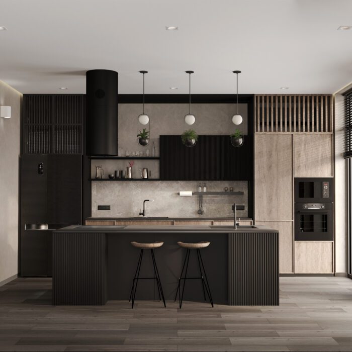 Modern black and wood kitchen interior with island. 3d illustration