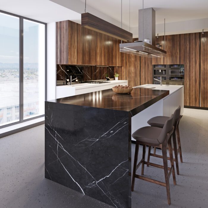 Modern contemporary kitchen with black maramor bar. 3d rendering.