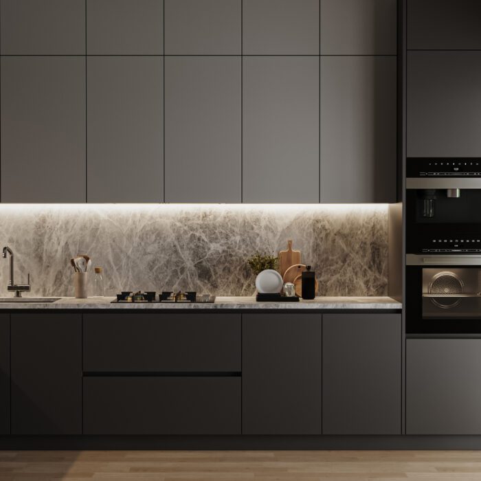 Modern dark grey kitchen interior, 3d rendering