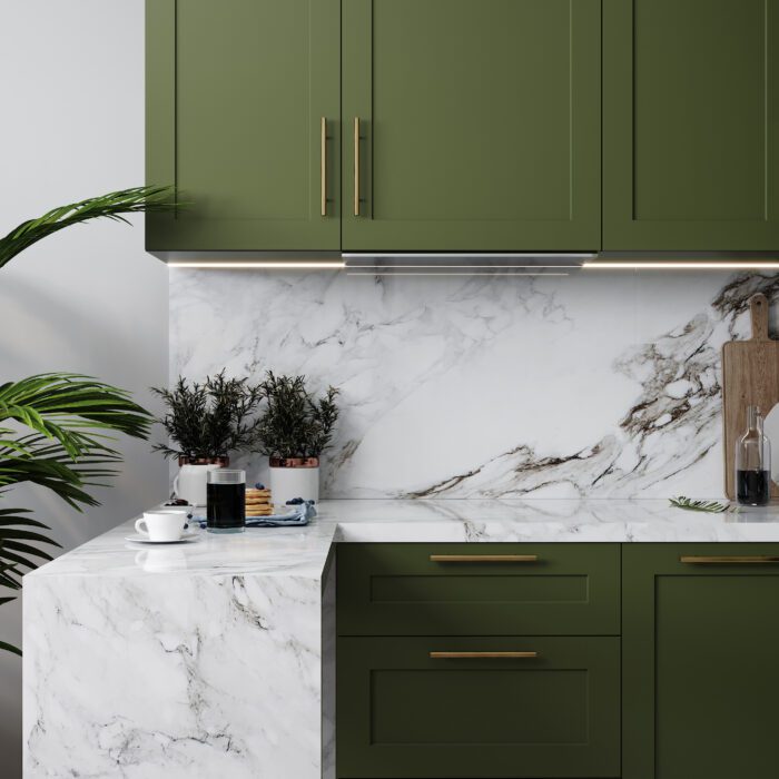 Modern green kitchen interior design, close up, 3d rendering