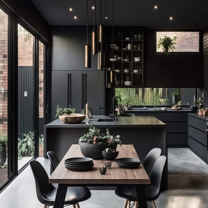 Modern industrial design, kitchen in dark tones. Generative Ai